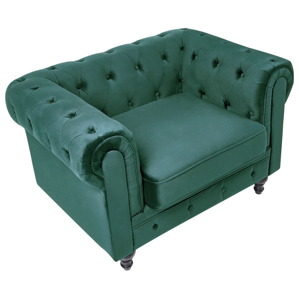 Poltrona Chesterfield Tessuto Velluto Verde Rivestimento Gambe Legno Scuro Contemporaneo