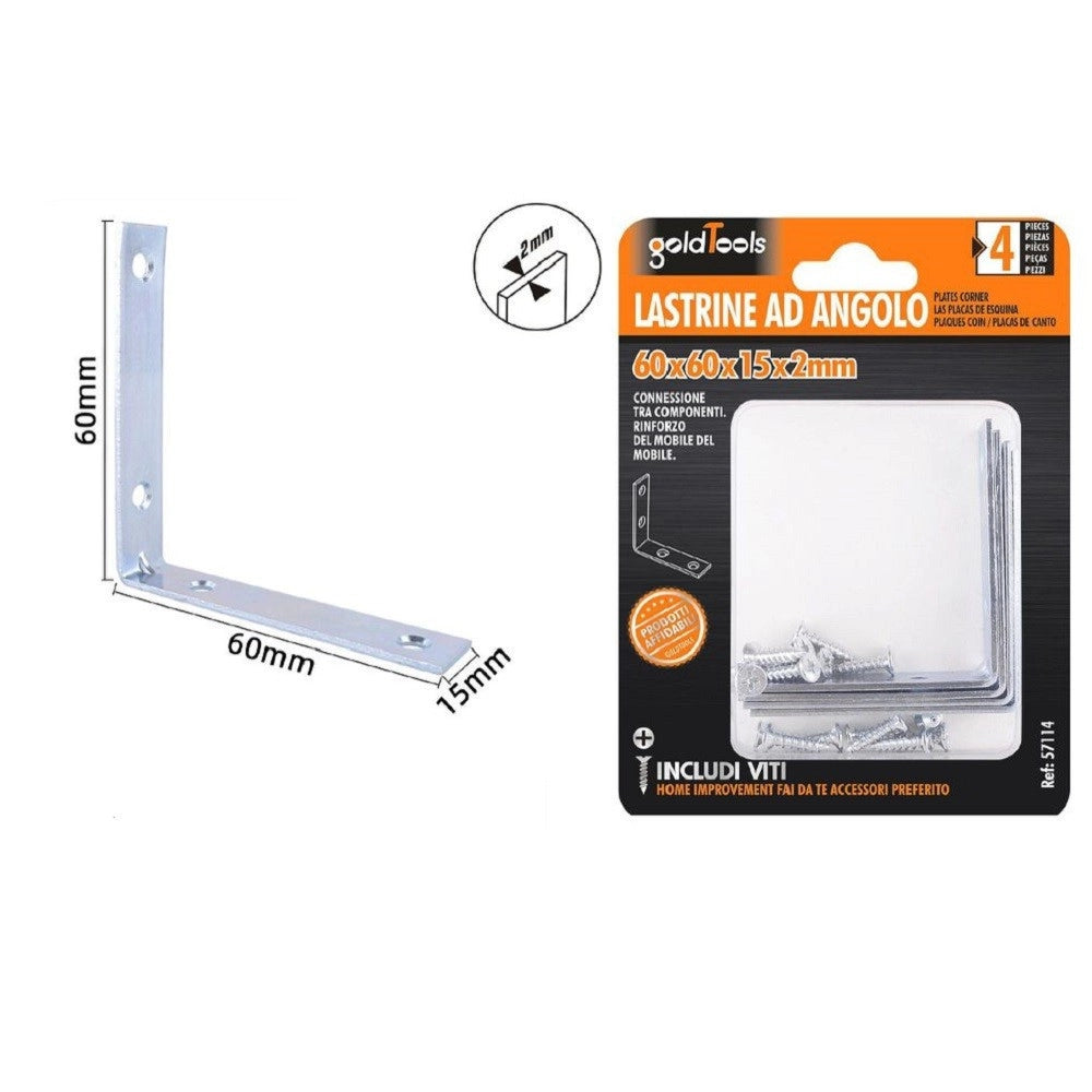 Trade Shop - Set 4 Pz Lastrine Ad Angolo Lastrina Angolare 60x60x15x2mm Con Viti Mobili 57114 -