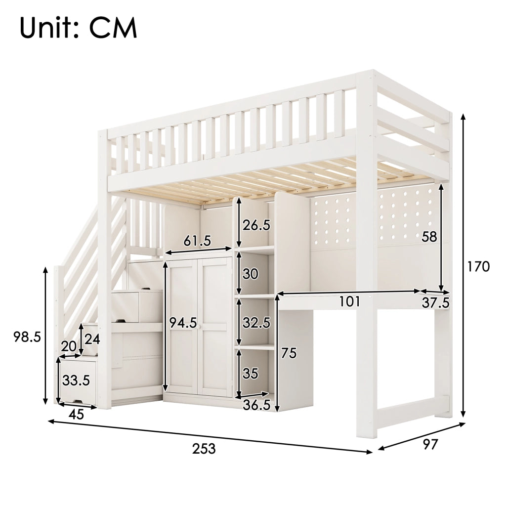 OKWISH Letto a Soppalco 90×200 cm, Letto Singolo con Scrivania, Armadio, Mensole, USB e Tipo C, senza Materasso, in Legno, Bianco