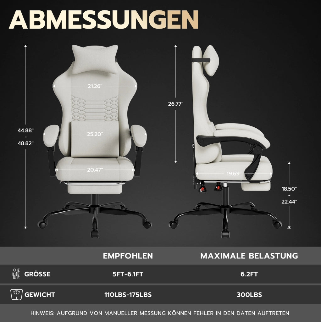 Sedia gaming ergonomica in tessuto bianco con poggiapiedi; braccioli sincronizzati e schienale reclinabile