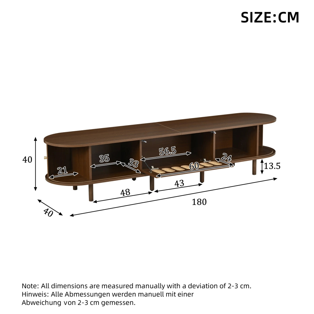 Mobile porta TV con 1 anta a ribalta in rattan e 2 ante a serranda, 5 vani chiusi, per soggiorno, in MDF, noce, 180 × 40 × 40 cm