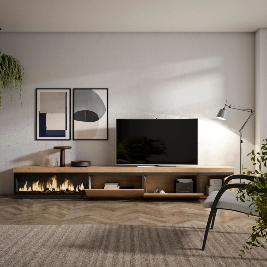 Mobile TV Soggiorno, 317x35x45cm, Camino elettrico XXL, colore Rovere RF3674