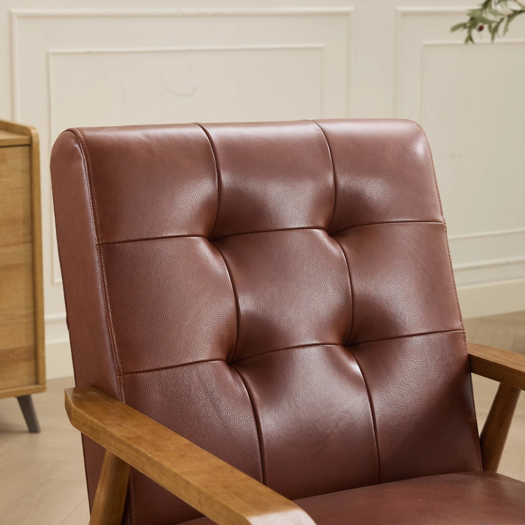 Poltrona Lounge con Schienale con Cuciture Pull-Point e Struttura Stabile, in Pelle, Legno e PVC, Marrone