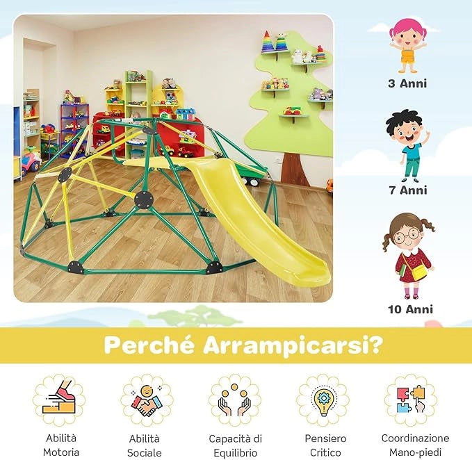 Cupola di Arrampicata, Struttura per Arrampicata con Scivolo, Capacità di Carico di 180 KG, per Bambini da 3 a 10 Anni, Ideale per Palestra, Cortile e Giardino (Verde+Giallo)