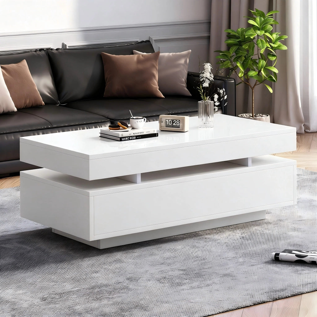 Tavolino da Caff¨¨ con 2 Cassetti e LED ¨C Xylo ¨C Bianco Lucido 100x50x35