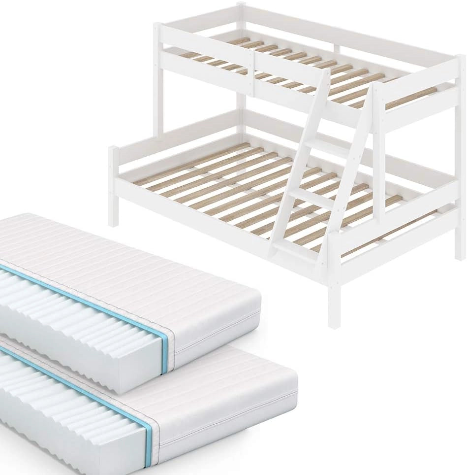 Letto a castello Everest, Legno naturale, 120x200 / 80x200 cm con 2 materassi e 2 cassetti, con scala integrata e sistema di doghe stabile