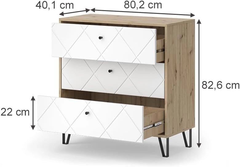 Cassettiera per camera da letto Nizza, Rovere artigianale, 80.2 x 82.6 cm con 3 cassetti, da utilizzare come superficie d'appoggio accanto al letto