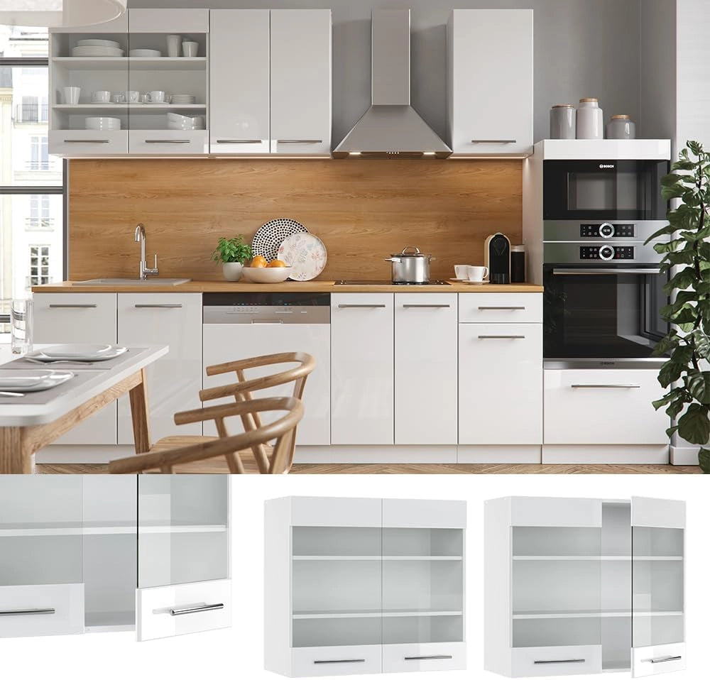 Mobile da cucina in vetro Fame-Line, Bianco lucido, 80 cm, per la combinazione con altri moduli della serie Fame-Line