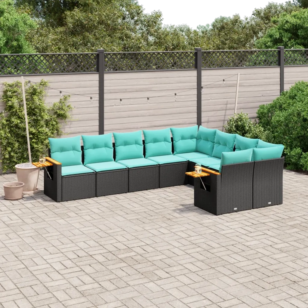 Set Divani da Giardino 9 pz con Cuscini Nero in Polyrattan 3227142