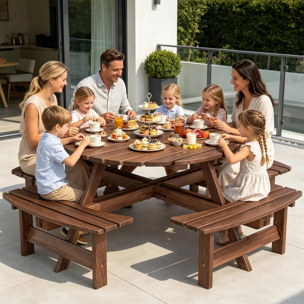 Set da Giardino per 8 Persone in Legno di Abete, Tavolo con Sedie Integrato e Foro per Ombrellone, Mobili da Esterno per Terrazza, Cortile e Pic-Nic, 178 x 70 cm