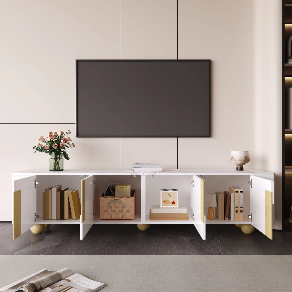 Mobile TV con 4 Ante; Superficie Effetto Marmo; per Soggiorno; in MDF e Pannelli di Particelle; 180×40×44 cm; Bianco e Legno