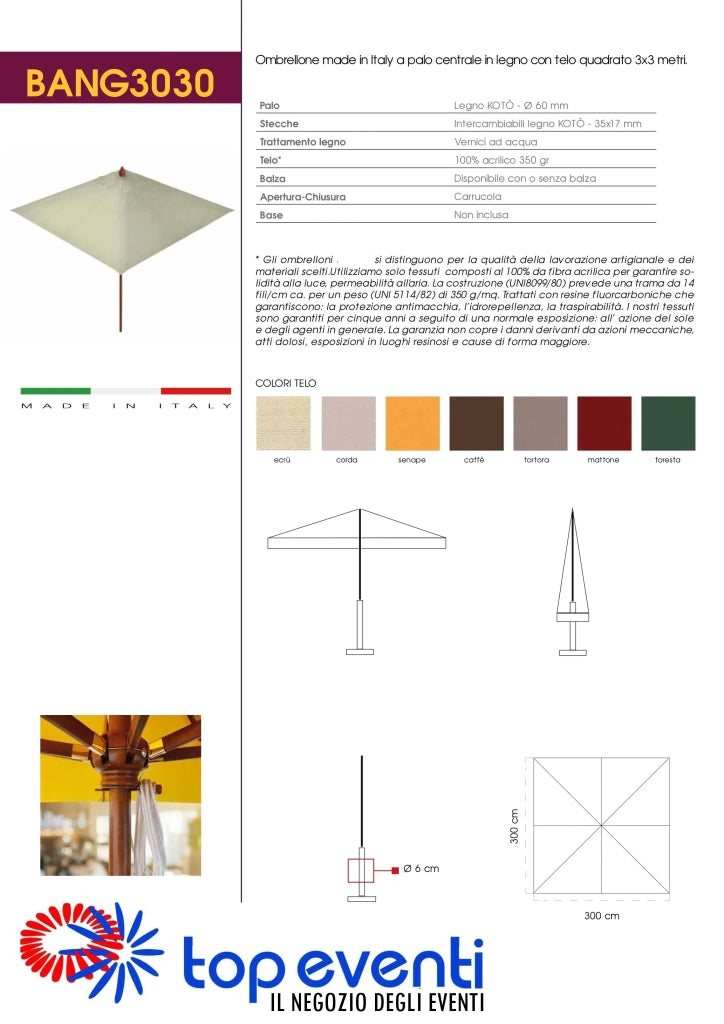 Ombrellone in legno palo centrale telo quadrato Made in Italy - 400x400 - con balza - Ecru