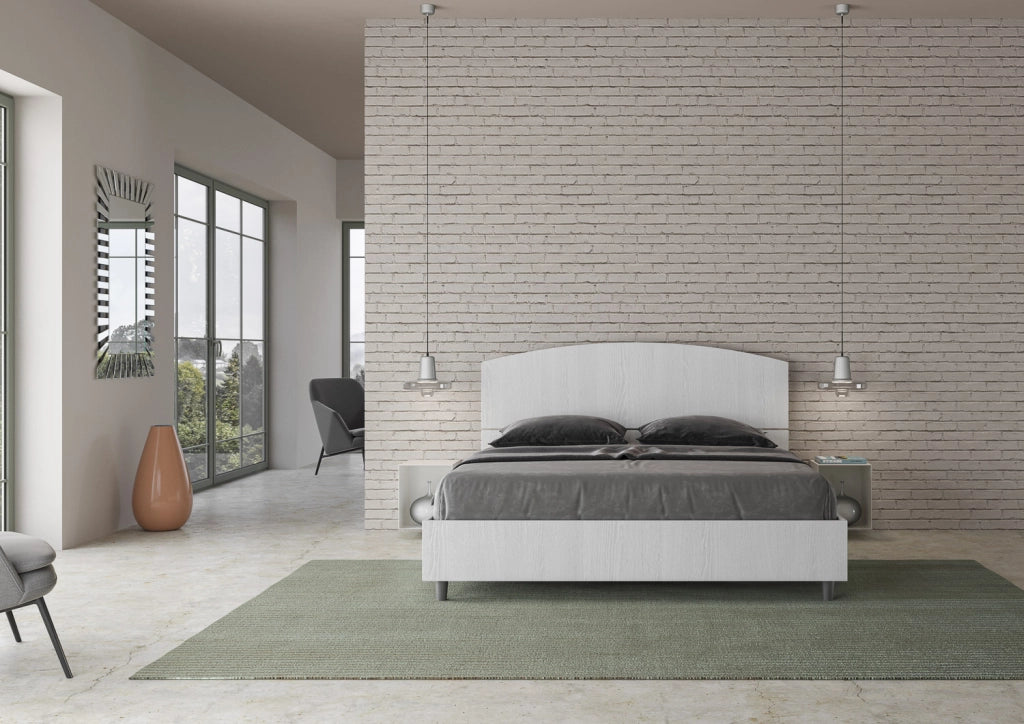 Letto Matrimoniale 160x190 cm con Rete e Contenitore Alzata Comoda Testata Inclinata a Doghe Dora Bianco Frassino