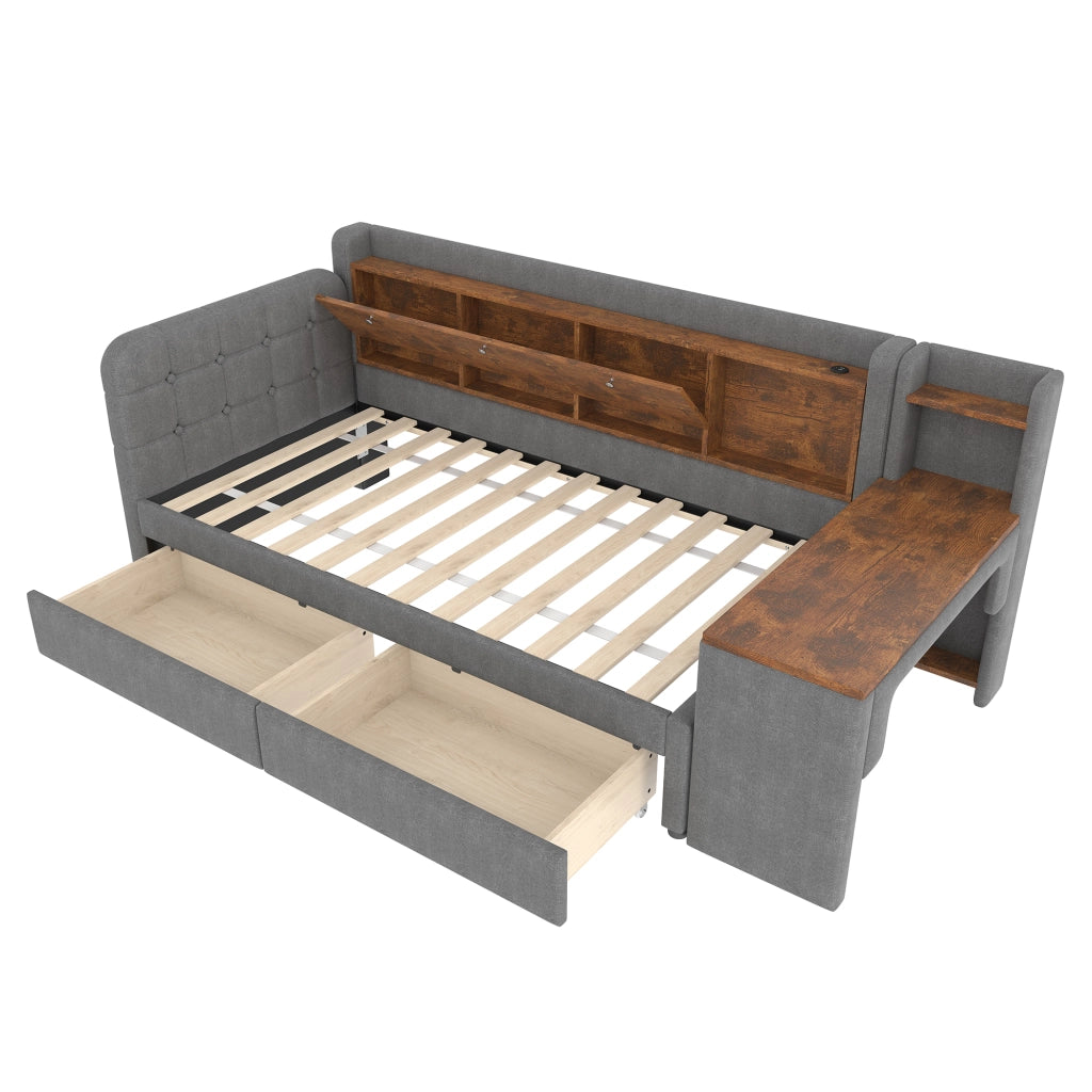 DESMIU Letto banquette 90 × 200 cm 1 piazza con 2 cassetti, scrivania, USB, Type-C e vano, senza materasso, grigio