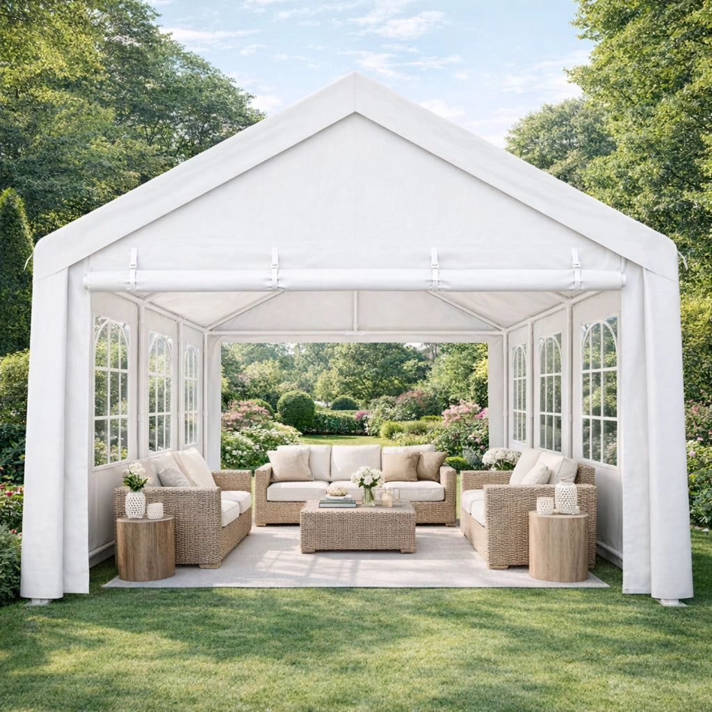 Gazebo Per Giardino Con Struttura In Pannelli Laterali Modulabili E Finestre Trasparenti Ideale Per Eventi Feste Catering Spazi Outdoor Elegante Impermeabile 6 x 4 x 3.15 Metri Bianco