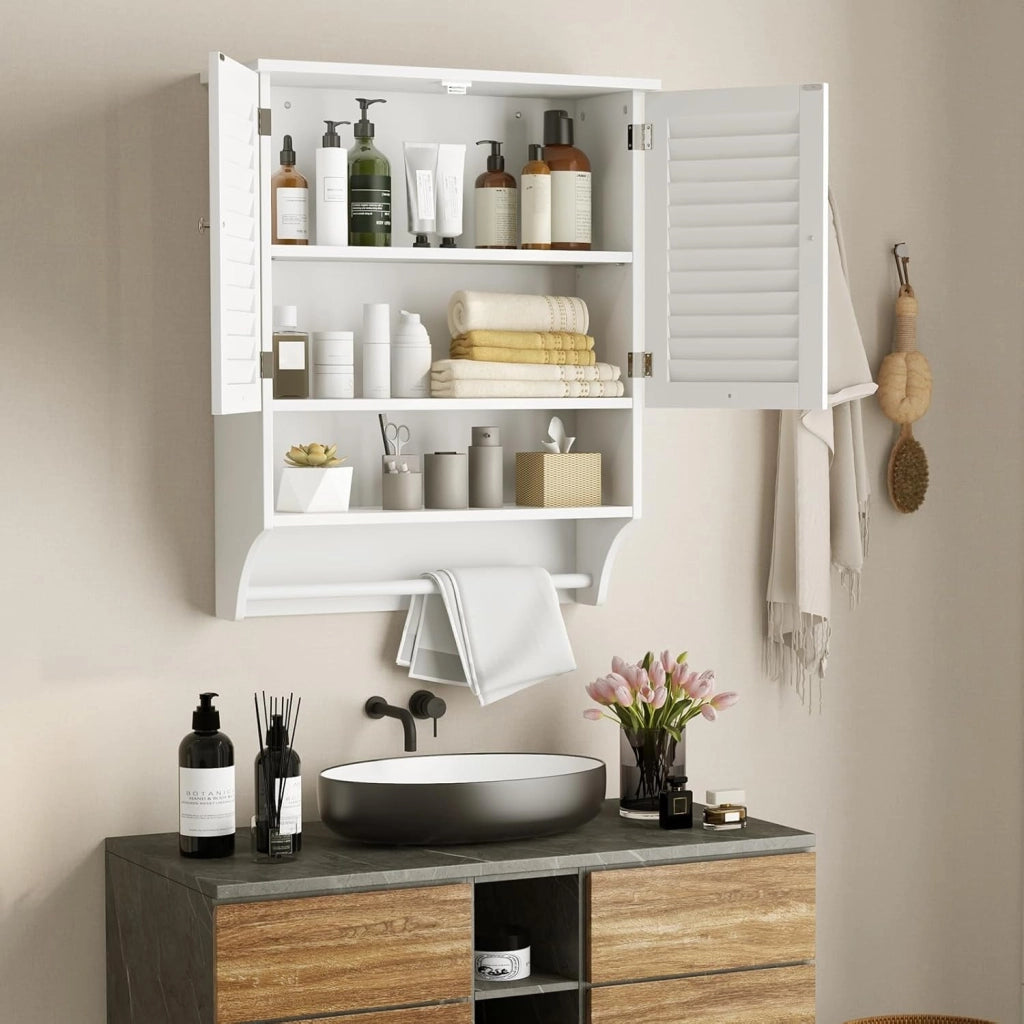 Armadietto da Bagno Sospeso, Armadietto da Parete con 2 Ante, con Ripiano Regolabile in 3 Posizioni e Barra Porta Asciugamani, 60x22x75 cm (Bianco)