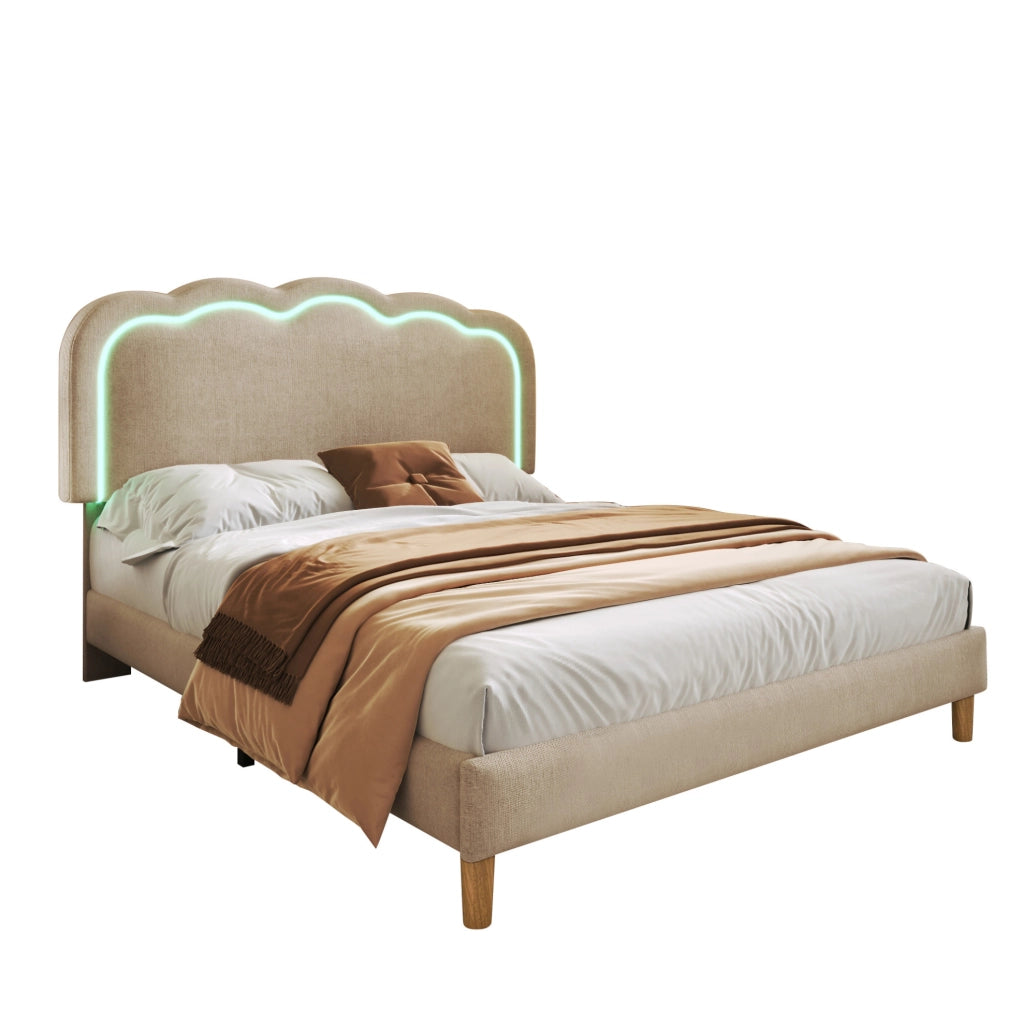 Letto matrimoniale imbottito 140x200 cm con testiera LED regolabile in lino beige