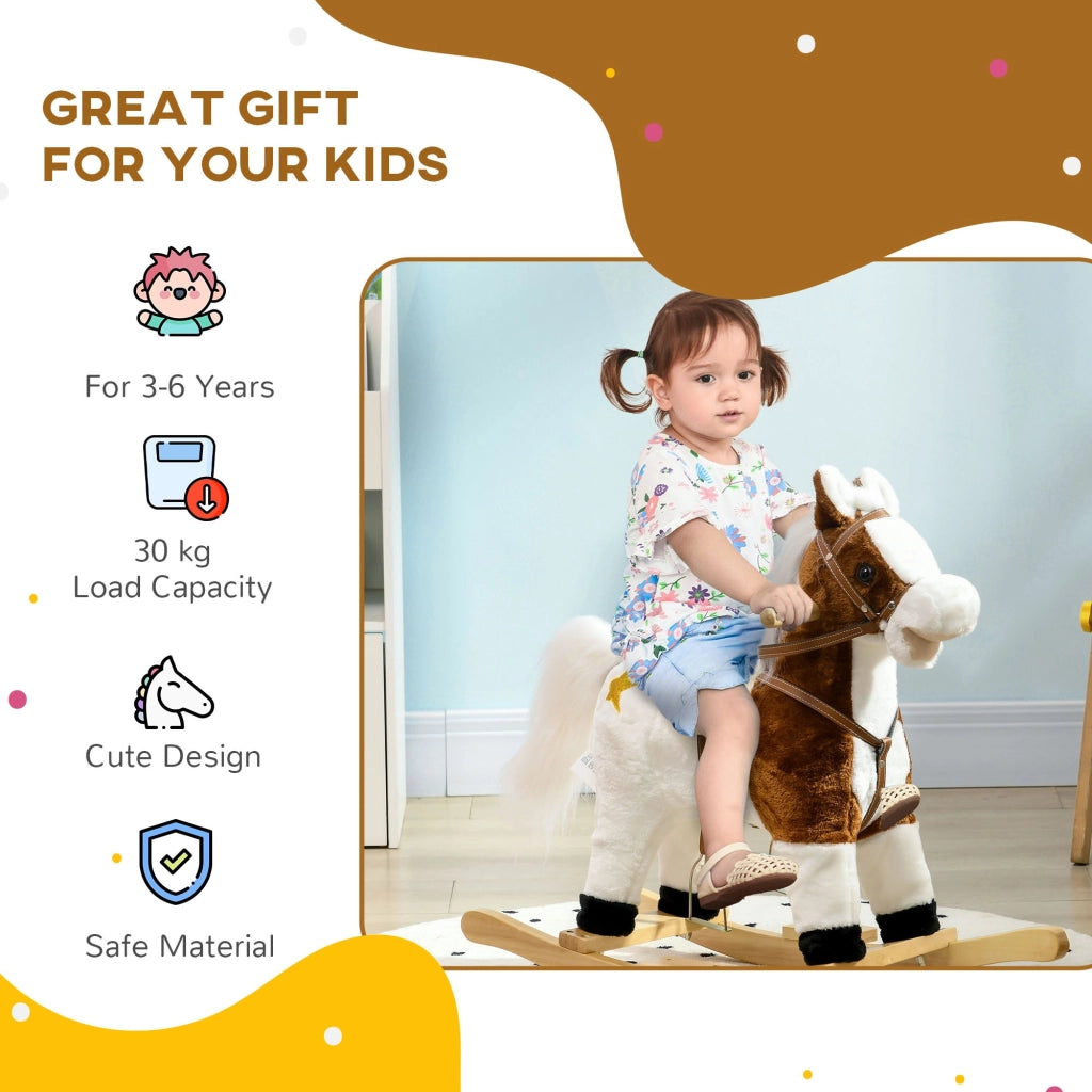 EasyComfort Cavallino a Dondolo per Bambini da 3-6 Anni in Peluche con Suoni, 68x26x62cm, Marrone
