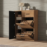 Mobile porta scarpe moderno con cassetto, 3 ante e ripiani regolabili, nero e naturale, 80 x 24 x 95,5 cm