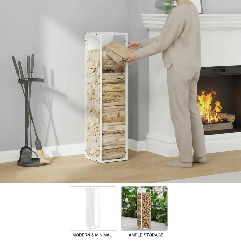 Porta legna bianco, 25x25x100 cm, in acciaio laminato a freddo – robusto e resistente, ideale per esterni, giardino e camino, pratico e durevole