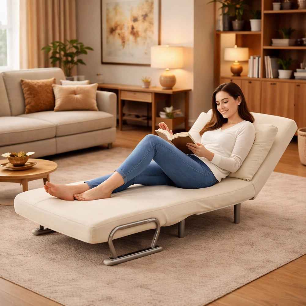 Poltrona Letto Reclinabile Chaise Lounge con Seduta Imbottita Convertibile in Velluto a Coste Beige