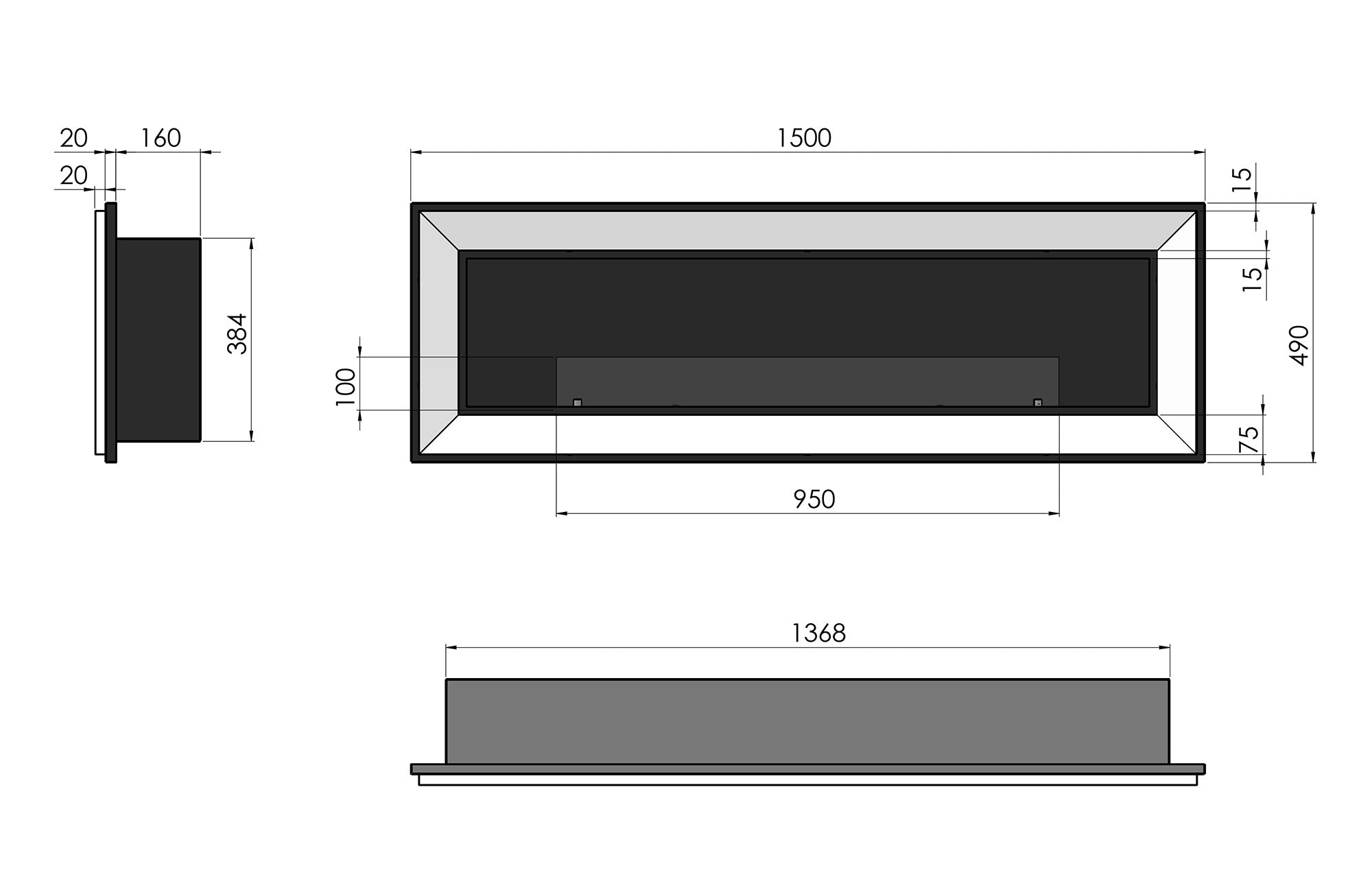 Camino a Bioetanolo da Parete/Incasso 150x49 cm Frame 1500 Bianco con Vetro