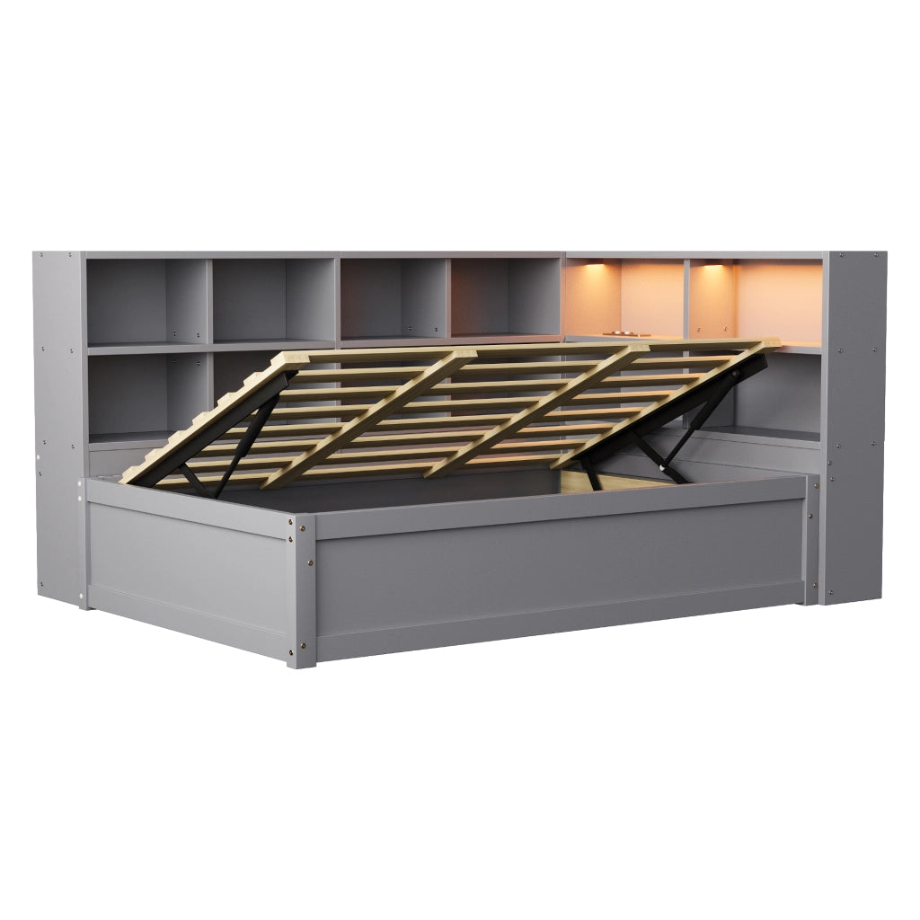 Letto singolo 90×200 cm con prese multifunzione; vani portaoggetti e LED; senza materasso; legno; grigio