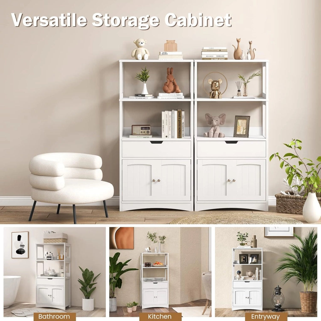 Armadietto Multiuso Bianco, Armadio Alto per Bagno con Cassetto e 2 Ripiani Aperti, Mobile Porta Microonde per Cucina, Design Compatto