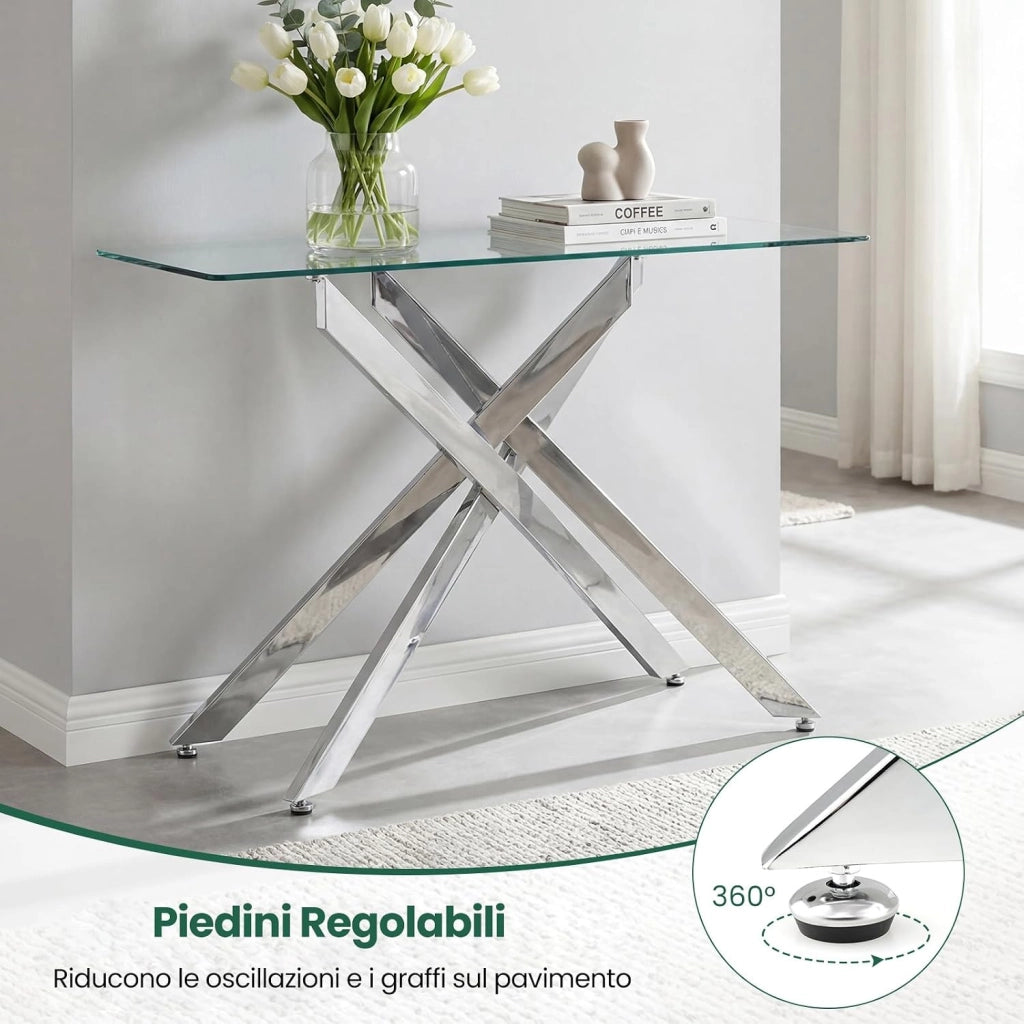Consolle Ingresso in Vetro Temperato, Tavolo d'Ingresso con Gambe Incrociate in Metallo Placcato e Piedini Regolabili Antiscivolo, Tavolo per Corridoio, Entrata e Salotto (Argento)