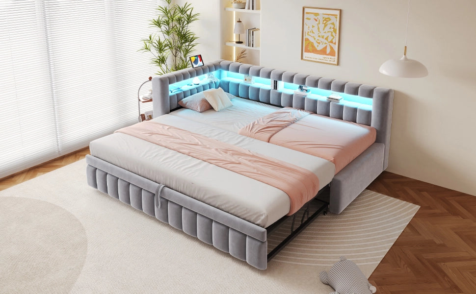 Divano letto con LED, testiera contenitore e USB, 90x200 cm, grigio chiaro