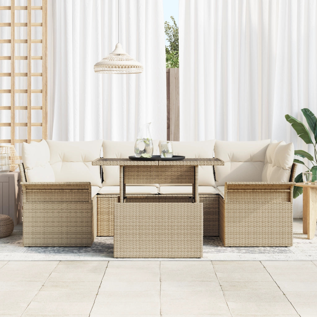 Set Divano da Giardino  7 Pezzi con Cuscini Beige Rattan Poliestere