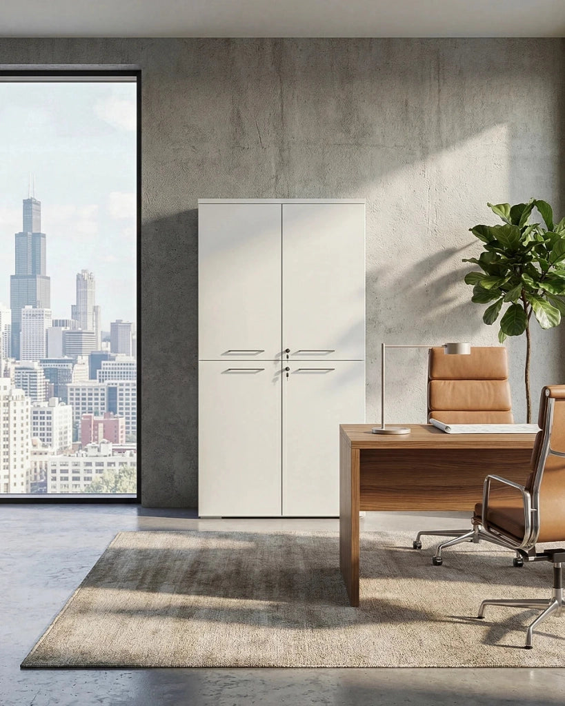 Armadio ufficio Oregon - Mobile archivio 4 ante con serratura - 3 mensole incluse - L. 90 x H. 160 x P. 42,5 cm – Bianco_
