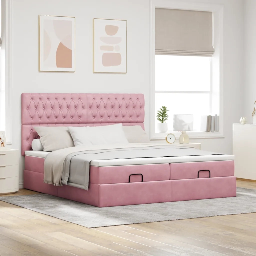 Struttura Letto Pouf con Materassi Rosa 180x200 cm Velluto