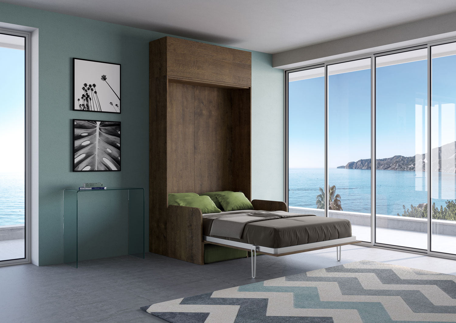 Letto Matrimoniale Francese A Scomparsa 140 Kentaro Con Divano E Pensile Noce e Verde