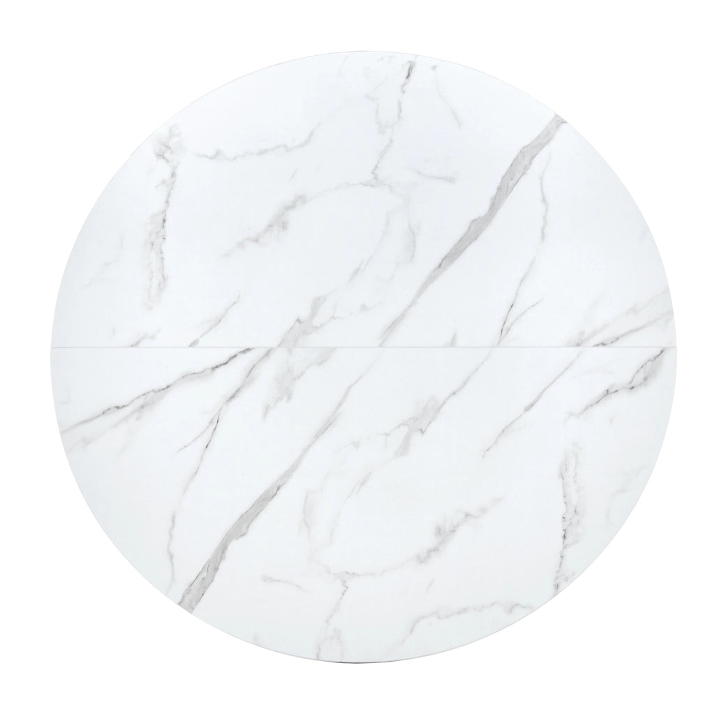 Tavolo da pranzo rotondo 110 cm in MDF effetto marmo bianco con gambe nere in metallo
