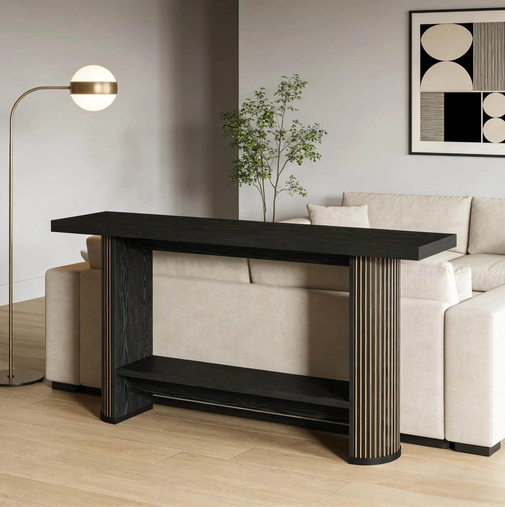 Tavolo consolle salvaspazio in legno nero dal design moderno