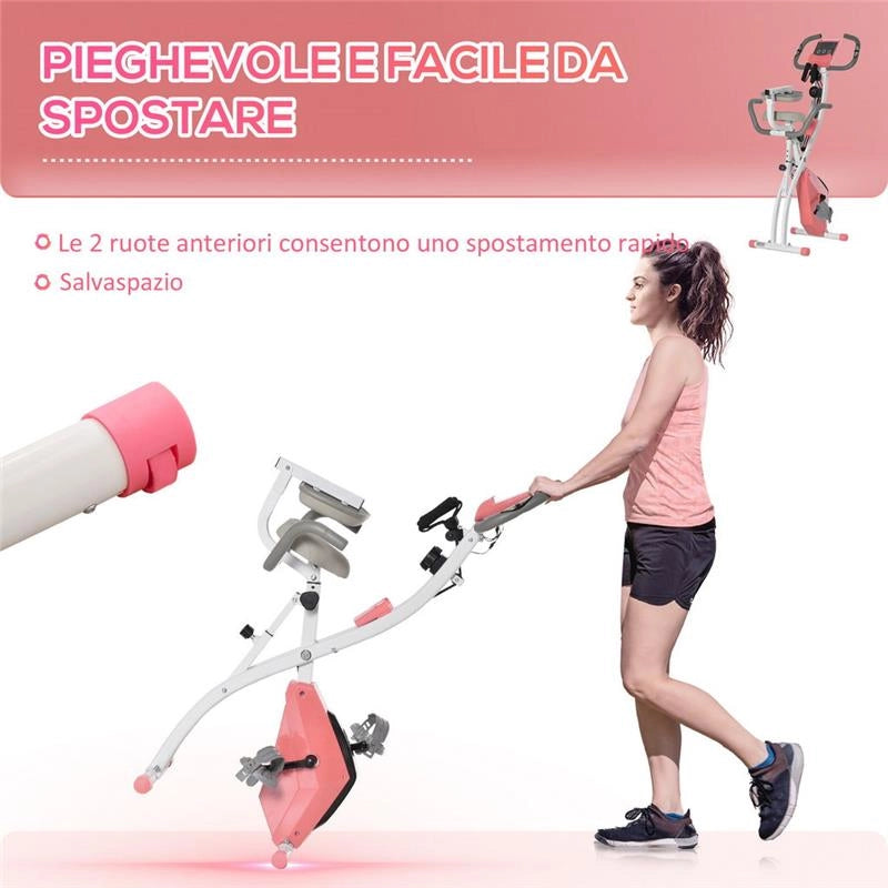 CYCLETTE PIEGHEVOLE 2 IN 1 RESISTENZA MAGNETICA REGOLABILE BICI DA FITNESS CON SENSORE DI FREQUENZA CARDIACA ELASTICI PER BRACCIA - ROSA