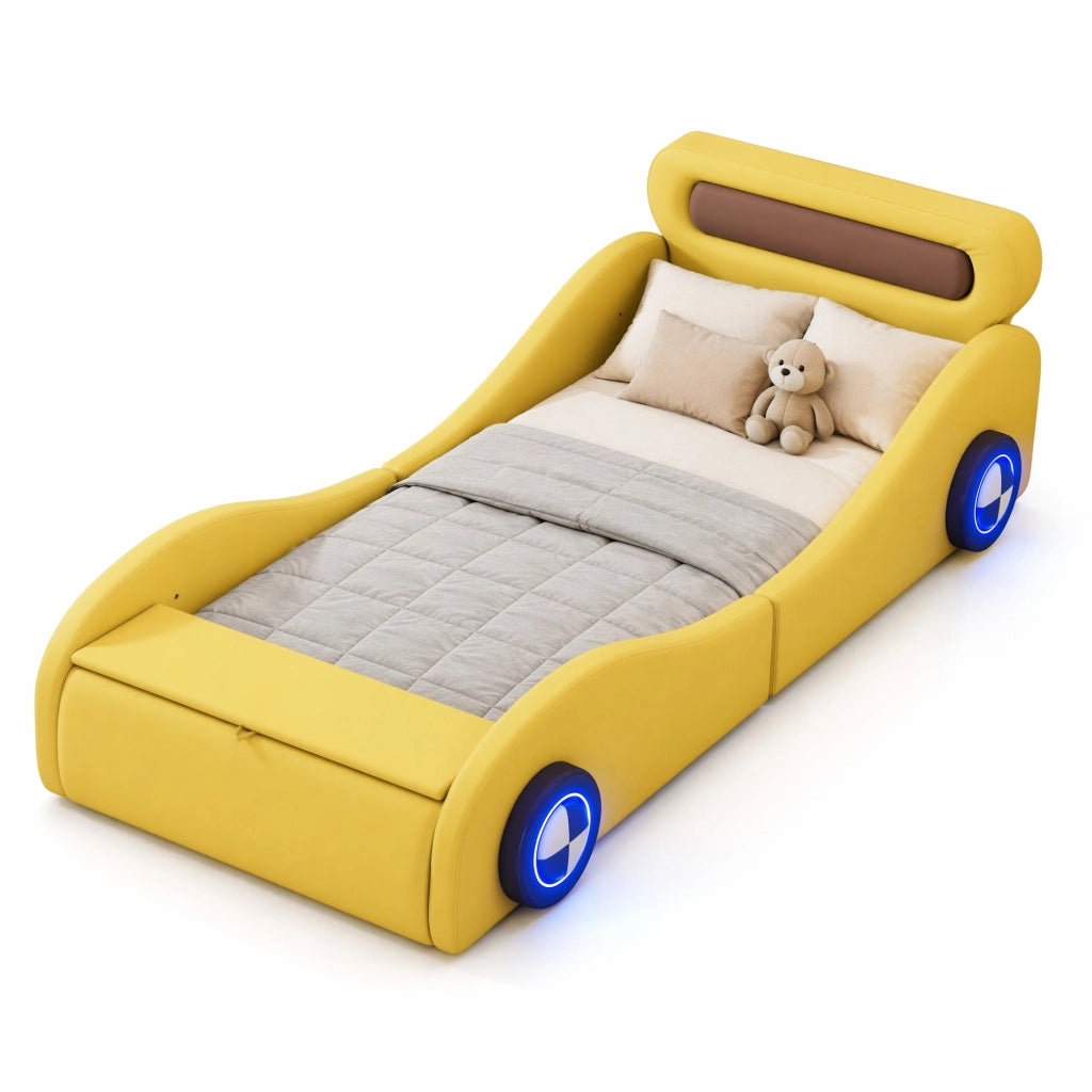 Letto auto imbottito 90x200 cm con ruote luminose e vano contenitore