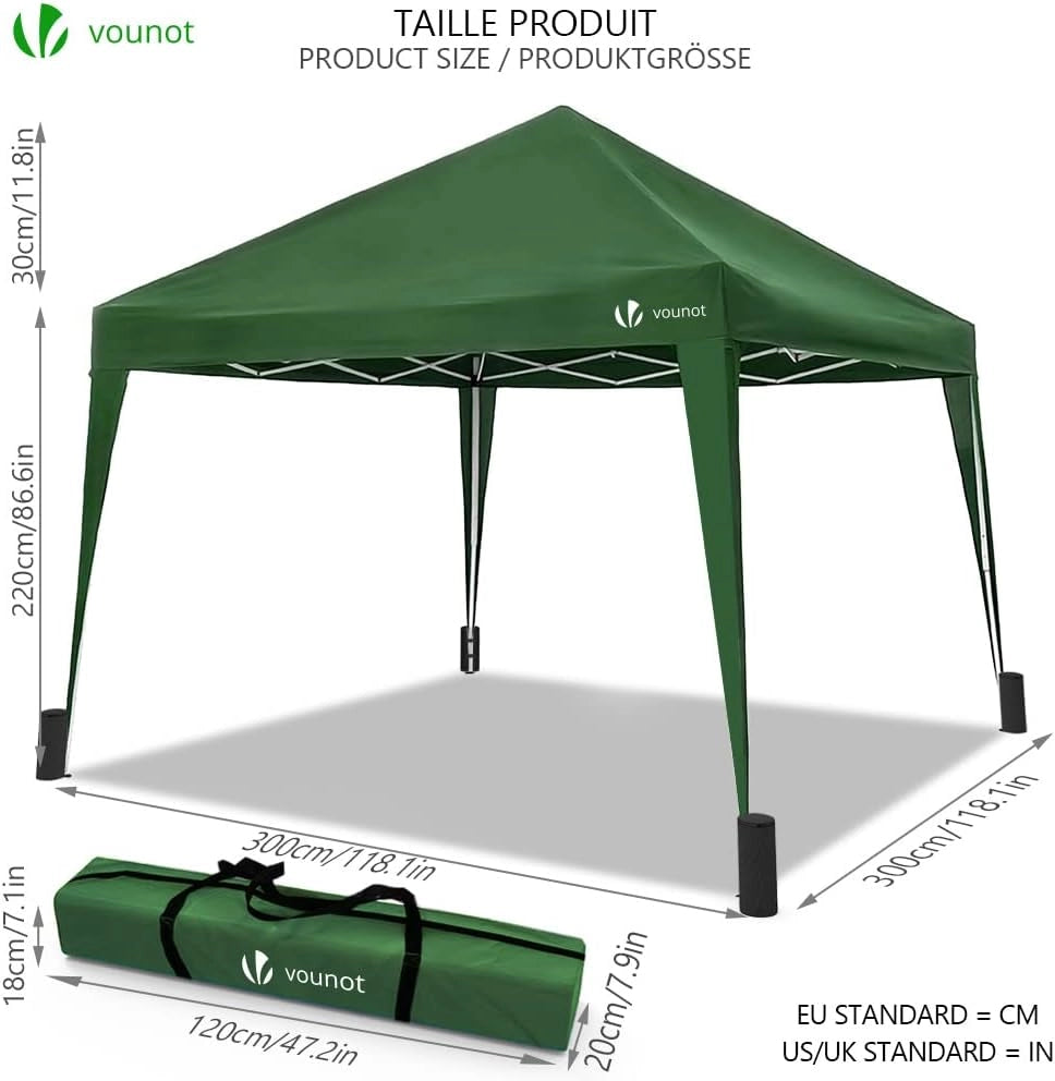 Gazebo Pieghevole da Giardino 3x3 M, Mercato Tenda Pop up con 4 Sacchi di Sabbia di Peso e Sacca di Trasporto, Verde