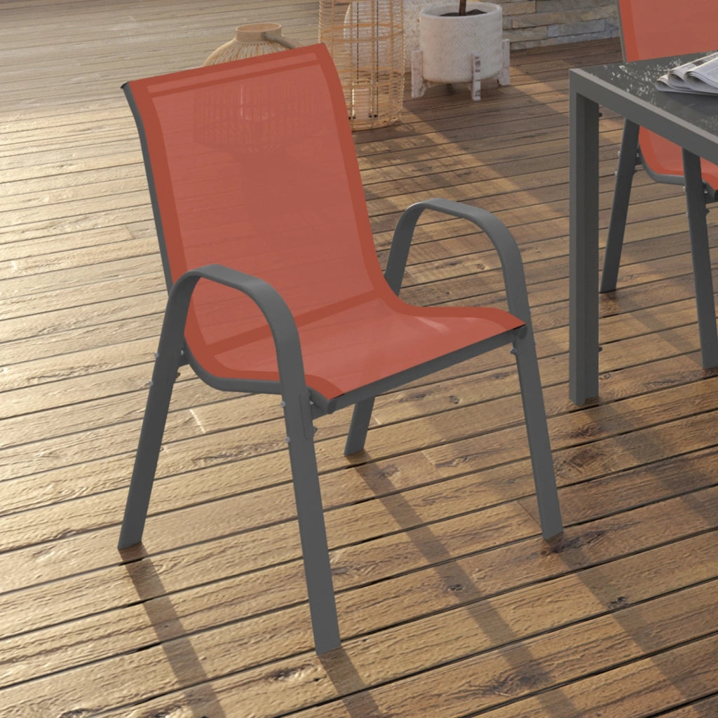 IDMarket - Set di 4 sedie da giardino impilabili LYMA in metallo e textilene terracotta