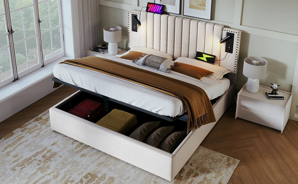 Letto matrimoniale imbottito 160x200 cm con cassone, luce da lettura e prese USB-C, testiera rivettata, cotone, beige