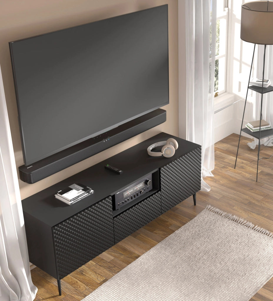 MOBILE RAVENNA PC DIAMOND MDF HG PORTA TV 150 2D1S NERO OPACO NERO LUCIDO GAMBE IN METALLO