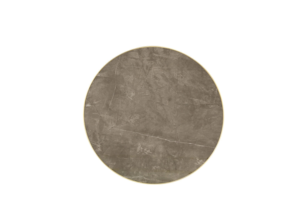 Tavolino basso rotondo con piano effetto marmo e bordo dorato, in MDF e metallo, per soggiorno, grigio, diametro 60 cm