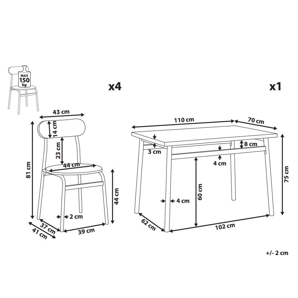 Set Pranzo Piano Grigio Gambe Acciaio Nero Tavolo Rettangolare 110 x 70 cm 4 Sedie Moderne