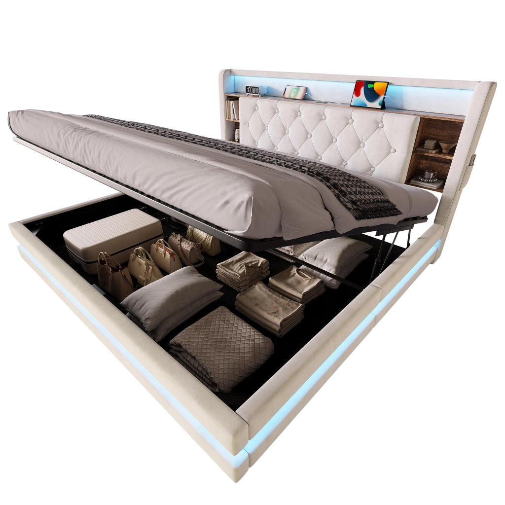 LETTO Contenitore 180x200 cm in velluto Beige con testiera multifunzione