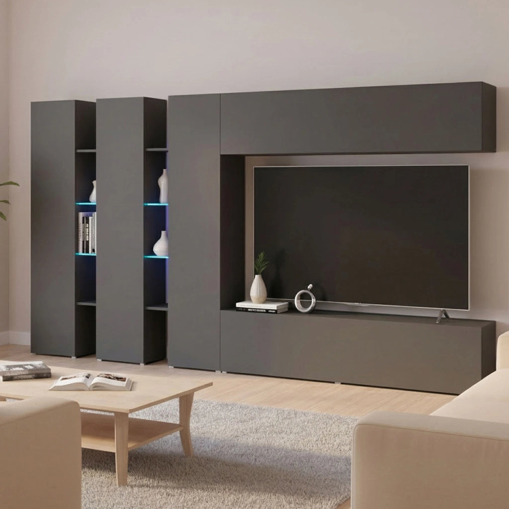 Parete attrezzata Carretto, Set salotto porta TV a 5 ante, Mobile soggiorno multiuso, 100% Made in Italy, cm 340x30h180, Antracite
