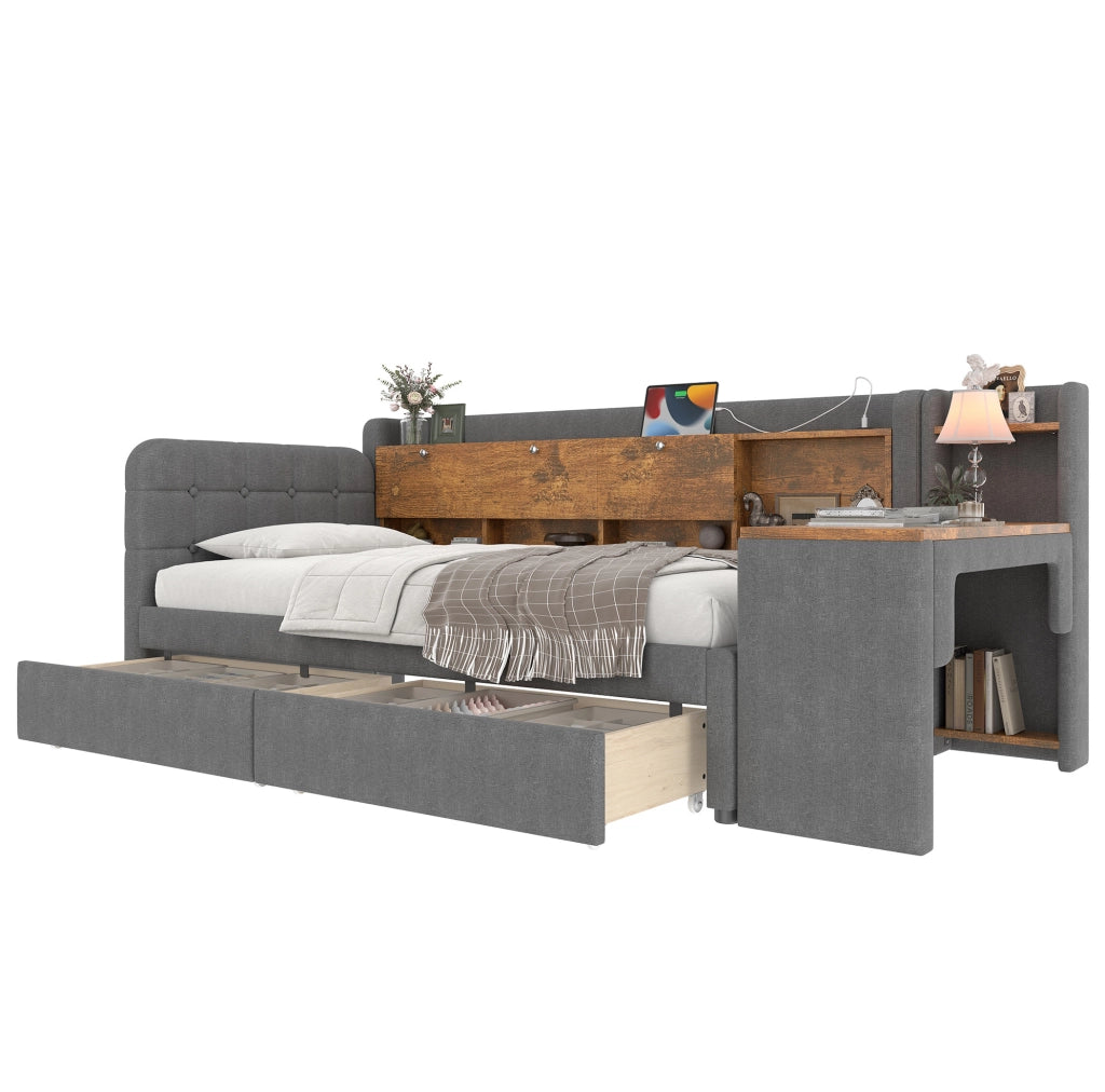Letto singolo 90x200 cm grigio con scrivania, USB-C e cassetti