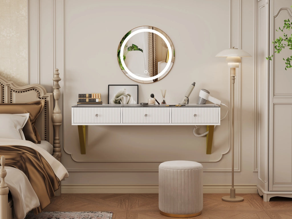 Tavolo da toeletta a parete con 3 cassetti; piano vetro; supporto tablet e portacoppe; Bianco; 120×40×45cm (senza specchio LED)