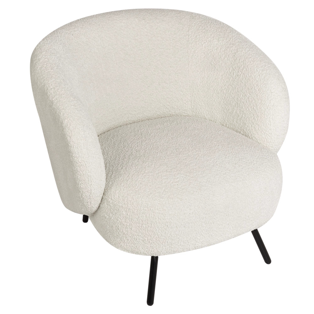 Poltrona Tessuto Boucle Bianco Morbido Nubby Gambe Nere Schienale Curvo Stile Retro Glam Art Decor