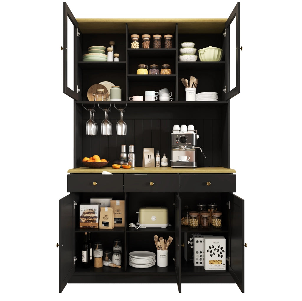 Credenza alta 120x40x191 cm con vetrine; portabicchieri e prese USB nera HOMVRA